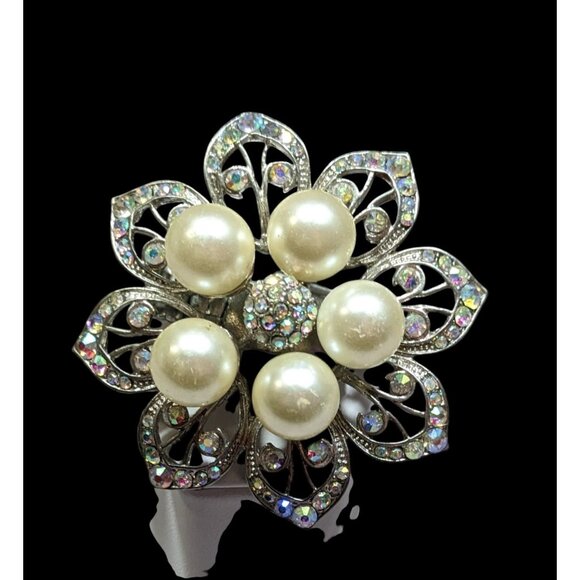 Whimsical Fairycore Floral AB Rhinestone Faux Pearl Stretch Ring SIze 9 - Picture 2 of 10